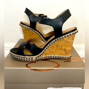 Crown Vintage Studded Black Wedge Sandals